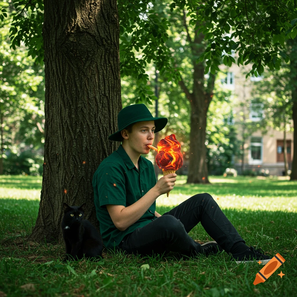 A young person in a green hat and shirt sits against a tree in a park, eating an ice cream cone with fiery lava-like topping. A black cat sits beside them.