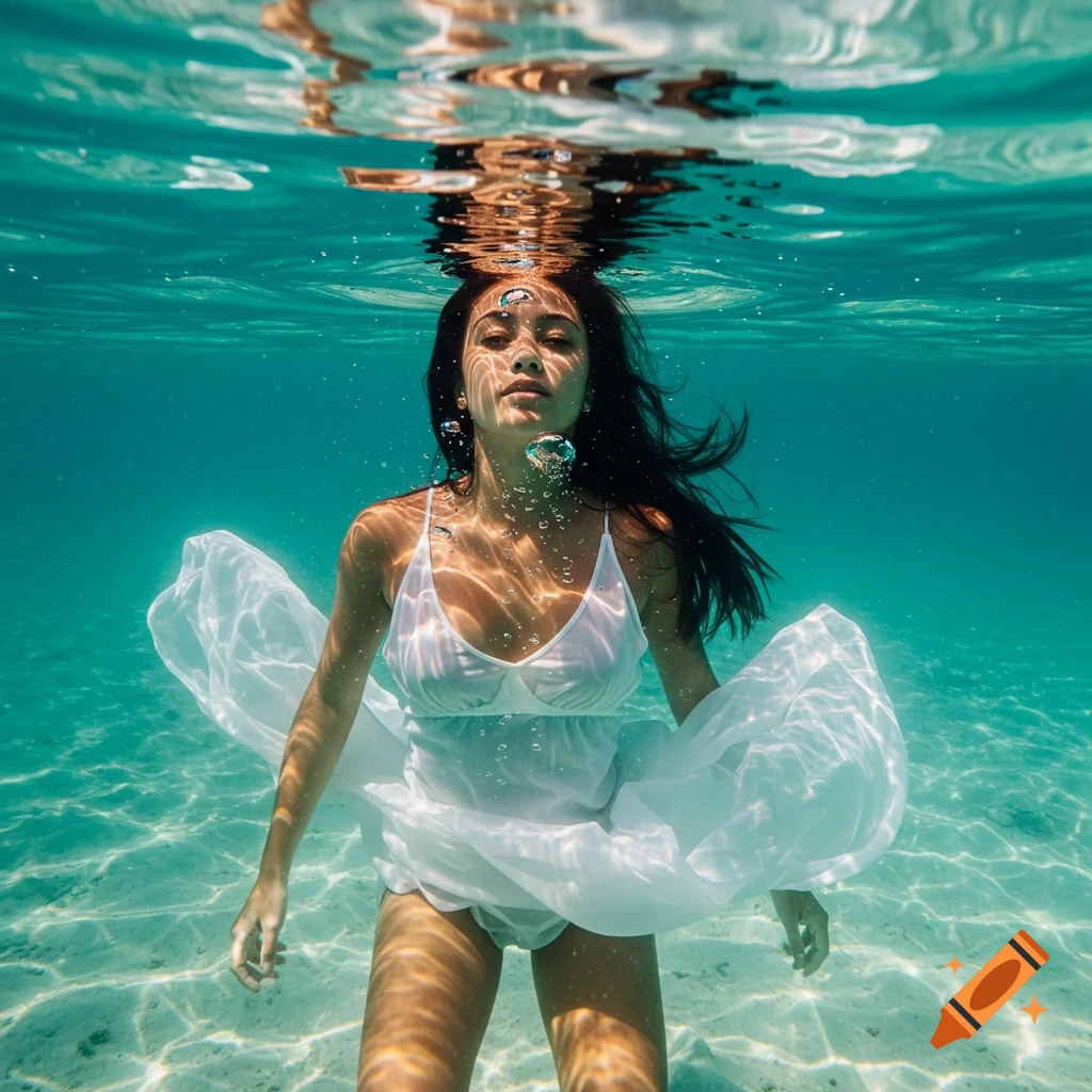 Woman in white dress underwater with light rays and bubbles around her