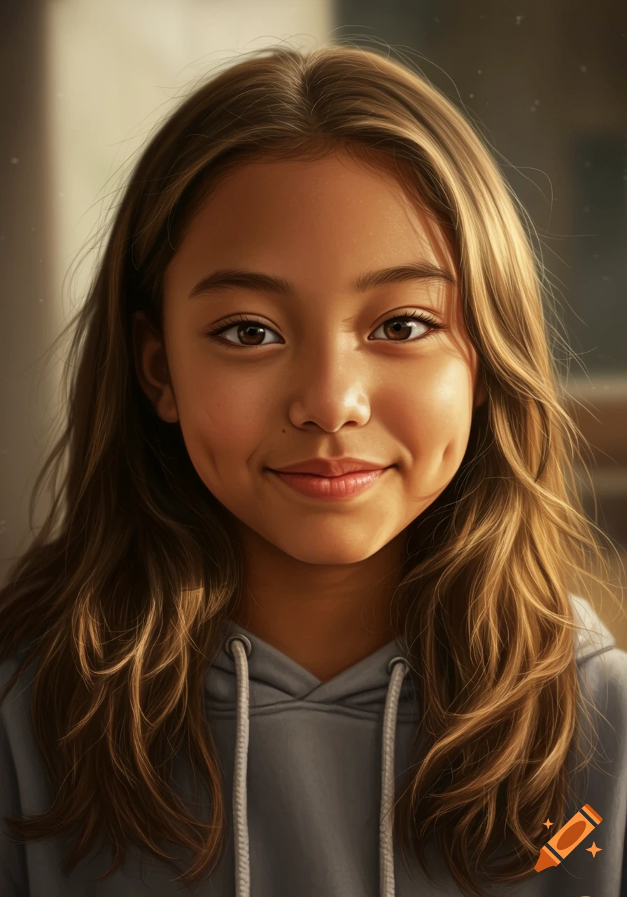 A photorealistic portrait of a young girl with long brown hair, brown eyes, and dimples, wearing a grey hoodie.