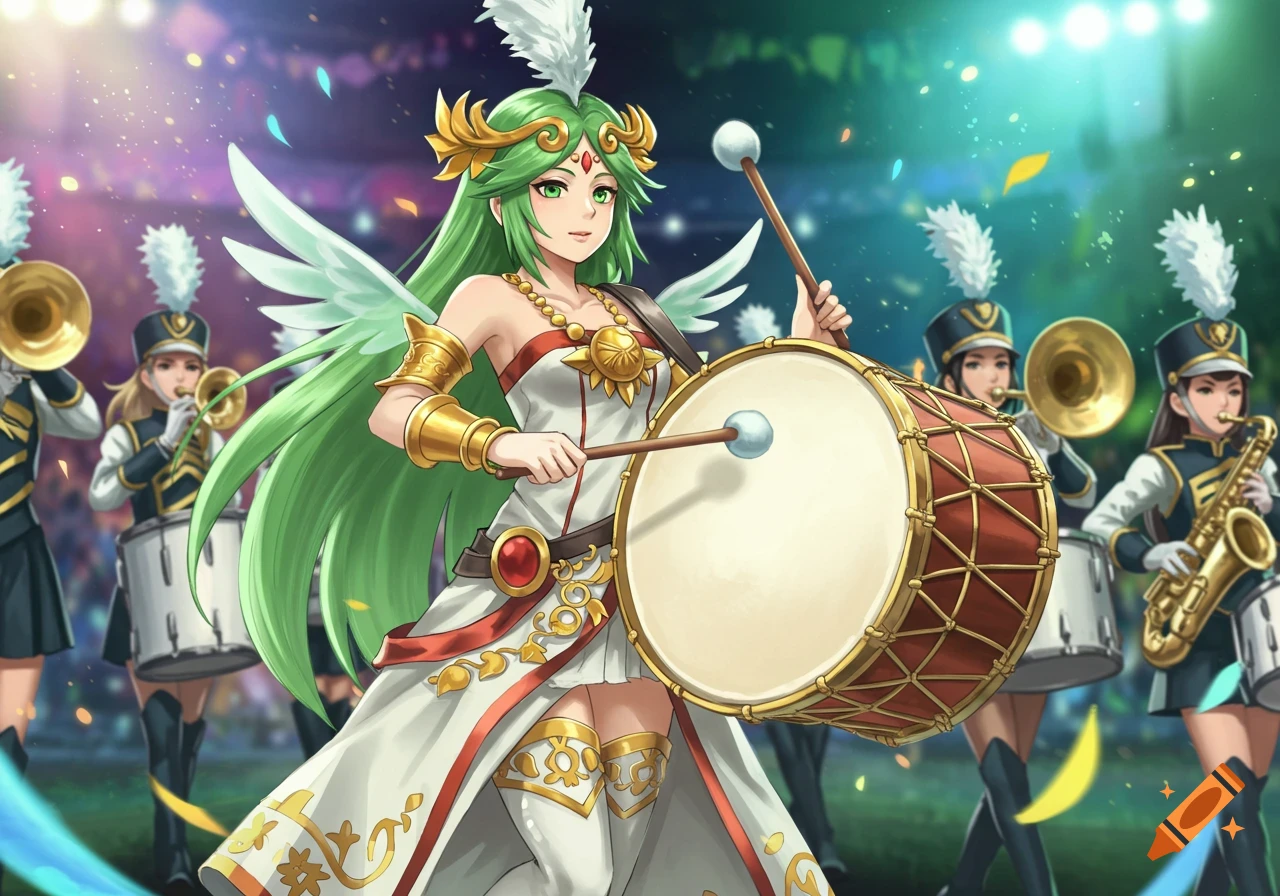 Anime illustration of Palutena as a drum majorette in a white and gold uniform, playing a large bass drum in a marching band at a stadium.