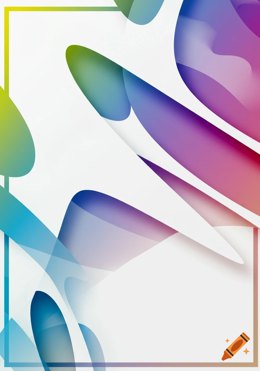 Abstract digital art with smooth, layered shapes in green, blue, purple, and pink gradients, with a colored border.