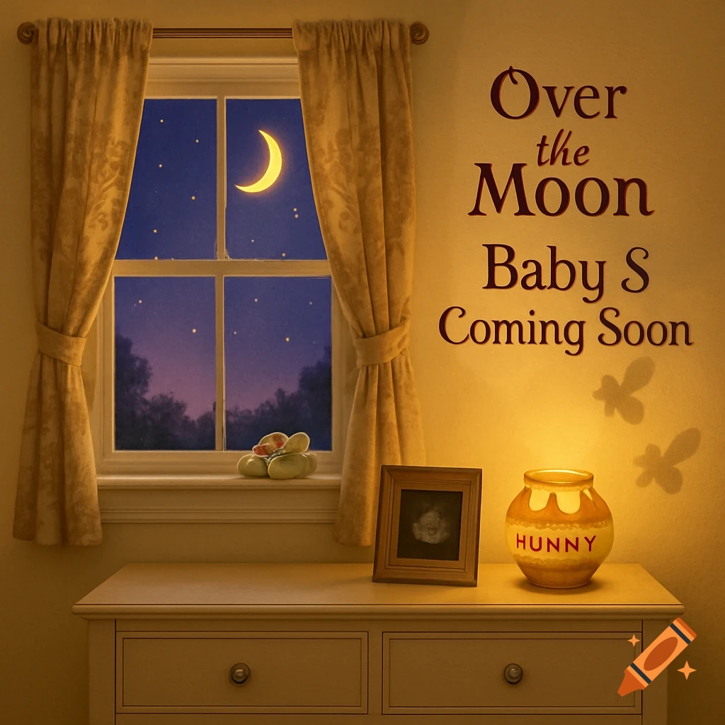 A cozy nursery with a window showing a crescent moon, a dresser with a 'Hunny' pot lamp, and text 'Over the Moon Baby S Coming Soon' on the wall.