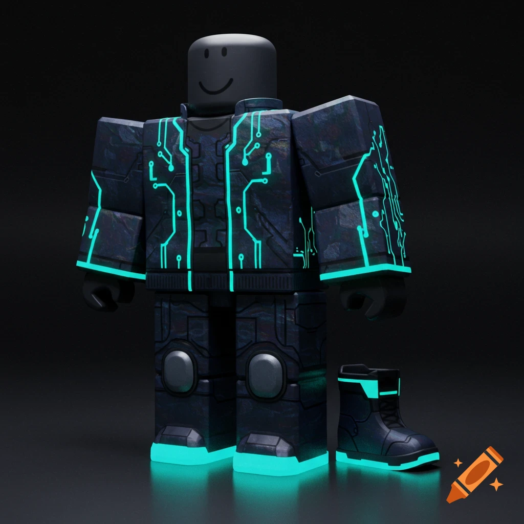 Dark gray Roblox character in dark blue suit with glowing cyan circuit patterns, next to a matching boot.