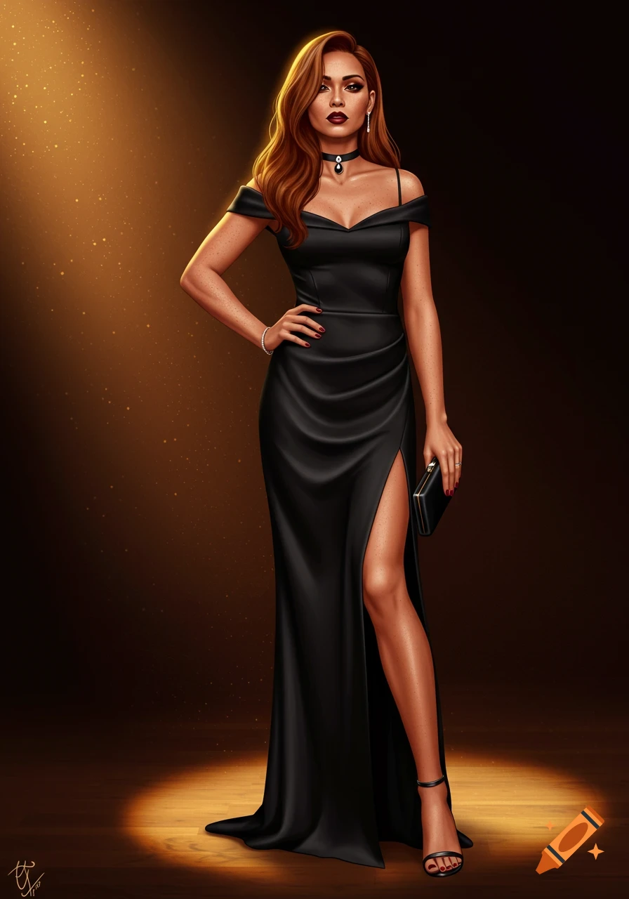 A woman in a black off-shoulder gown with a high leg slit stands in a spotlight, holding a black clutch.