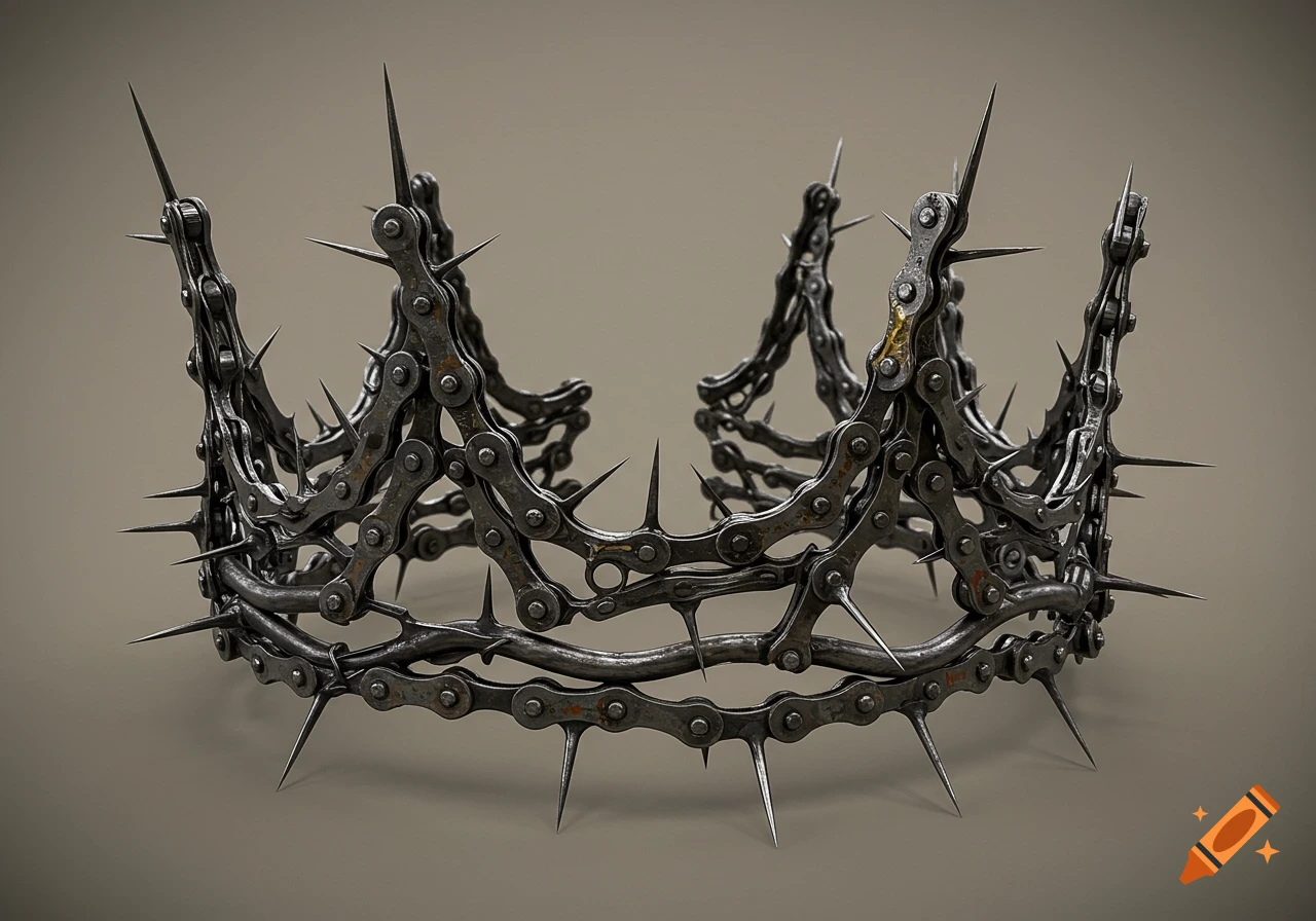 Dark metal crown crafted from bicycle chains and sharp spikes, resembling a crown of thorns.