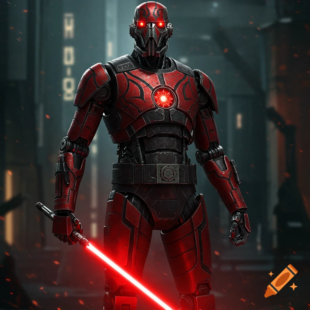 A menacing robot in red and black armor with glowing red eyes, chest, and a red energy sword stands in a dark futuristic city.