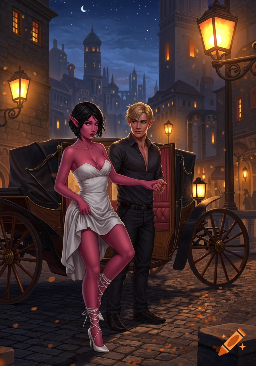 A red-skinned elf woman in a white dress steps from a carriage, helped by a man, in a fantasy city at night, digital art.