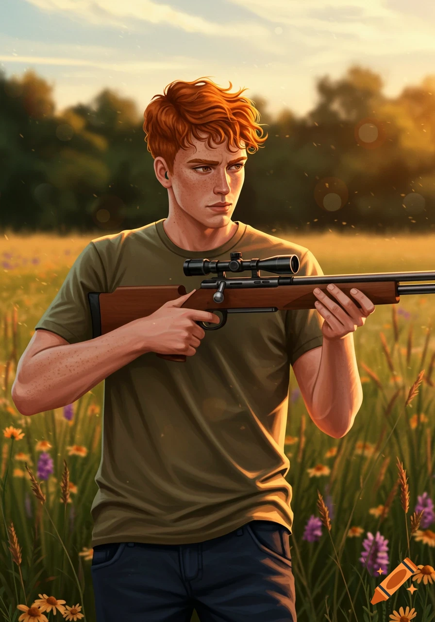 A young man with ginger hair holds an air rifle in a sunlit field of wildflowers, looking intently to the side. Illustrated style.
