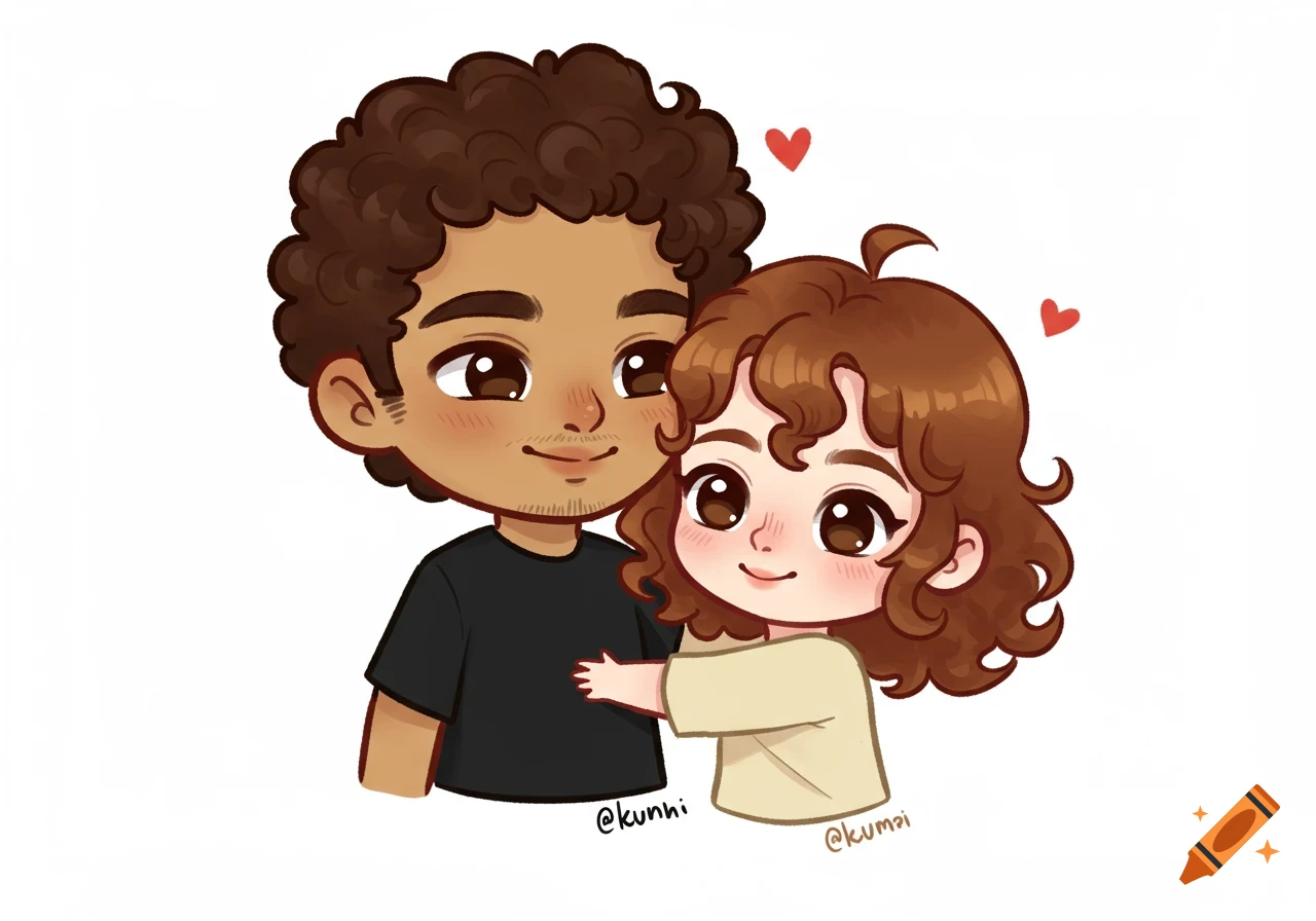 Chibi illustration of a diverse couple, a man with dark curly hair and a woman with brown curly hair, hugging, with hearts.