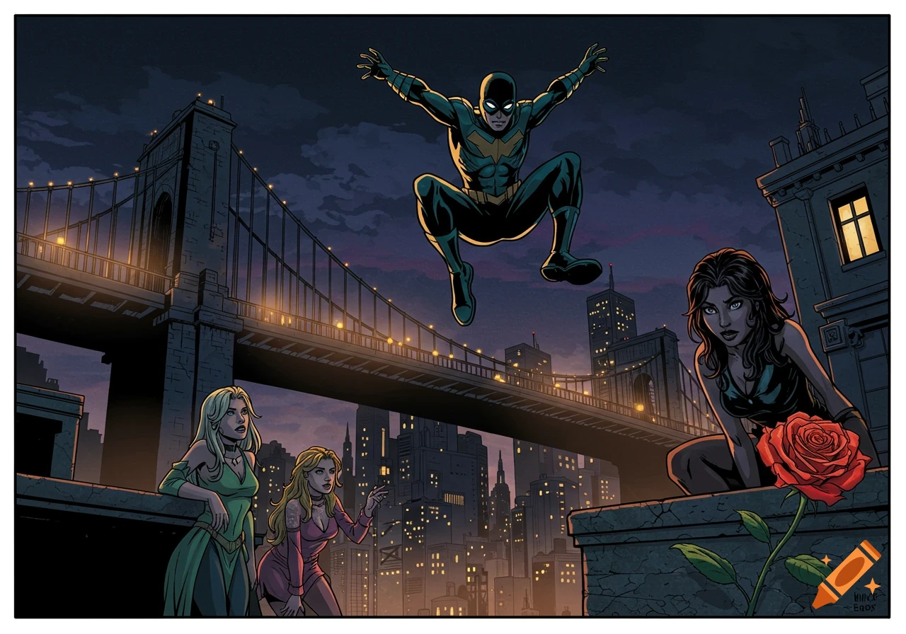 A masked superhero leaps over a city bridge at night. Three women observe from rooftops. Red rose in foreground. Comic book style.