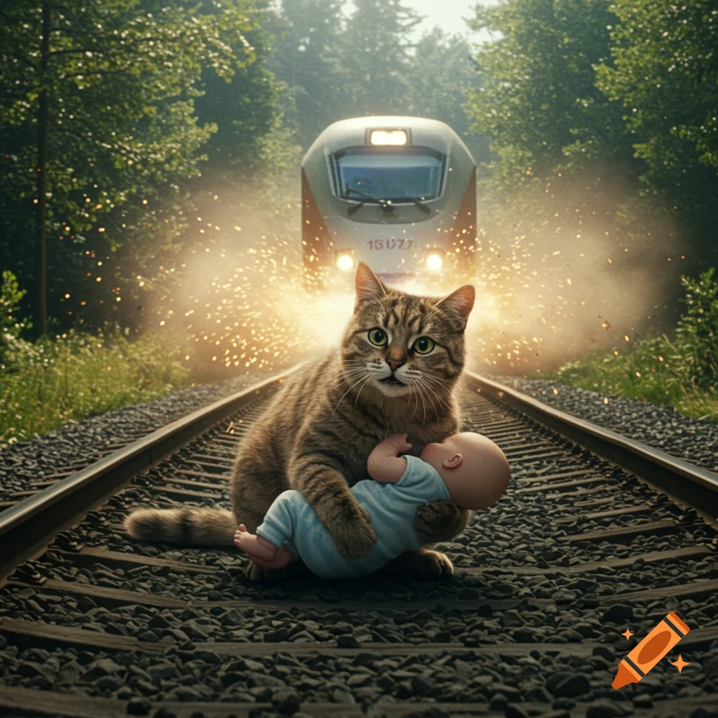 A tabby cat holds a baby on train tracks as a train approaches with sparks, photorealistic.