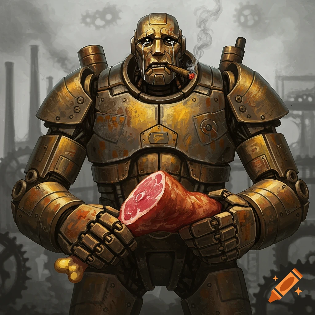 A large, sad, rusty golden robot with a cigar in its mouth is crying while holding a raw ham hock. Industrial background.