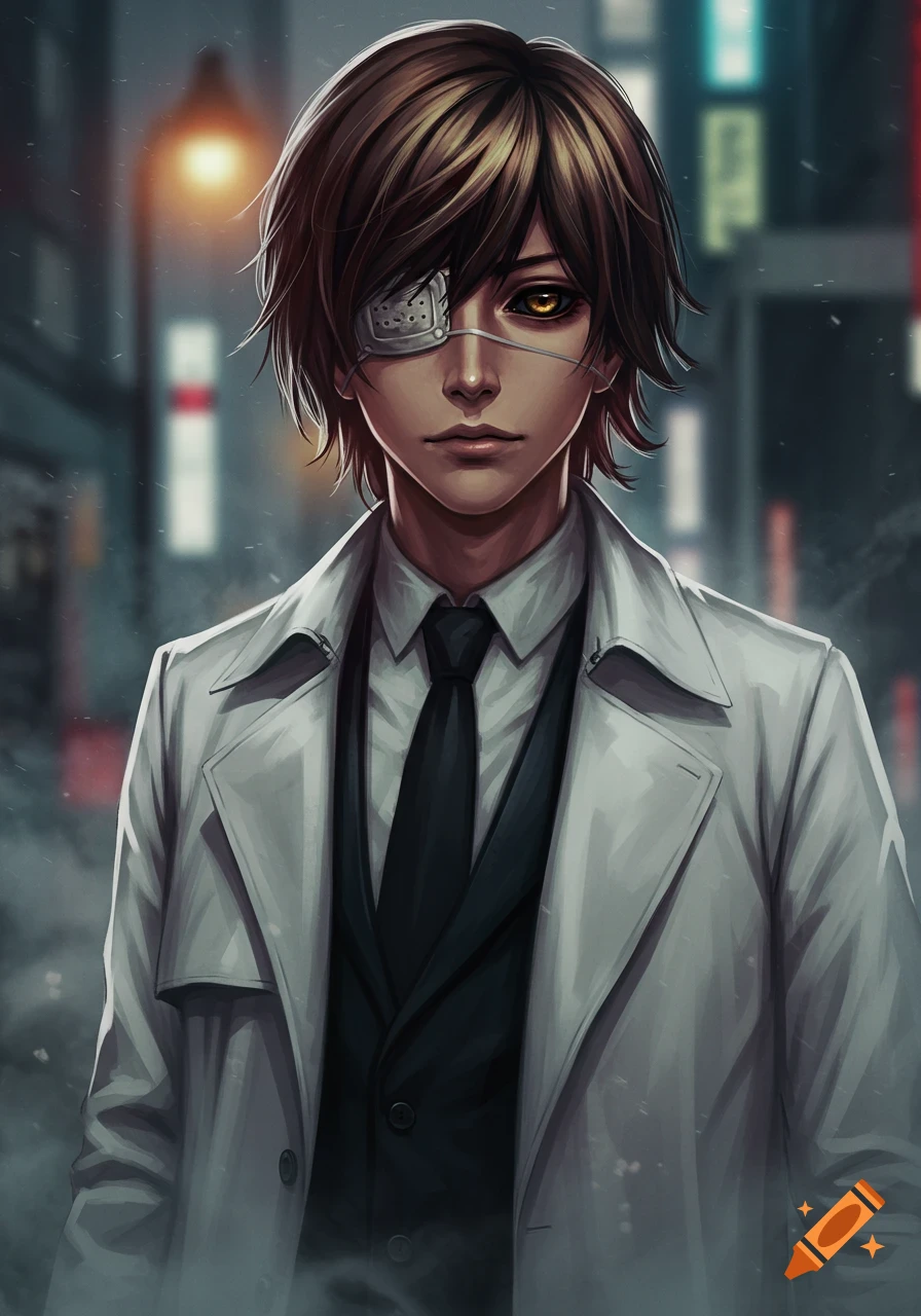 Anime illustration of a young man with brown hair, an eye patch, and a glowing golden eye, wearing a white trench coat.