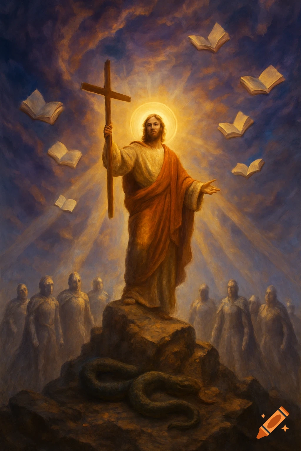 Painterly image of Jesus standing on a rock, holding a cross, with a glowing halo, floating books, and a snake at his feet, under a dramatic sky.