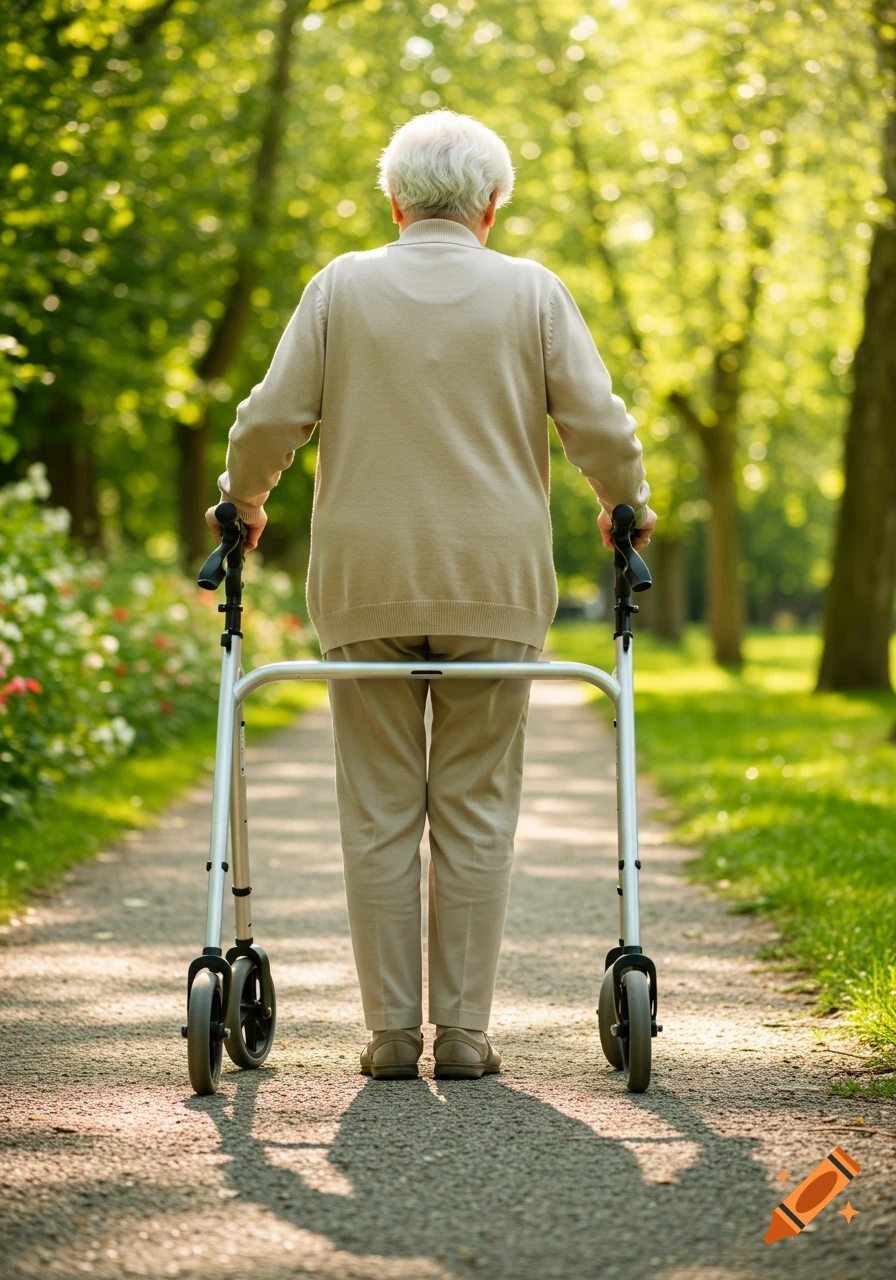 An elderly person with white hair walks away from the camera using a rollator on a path in a sunlit park.