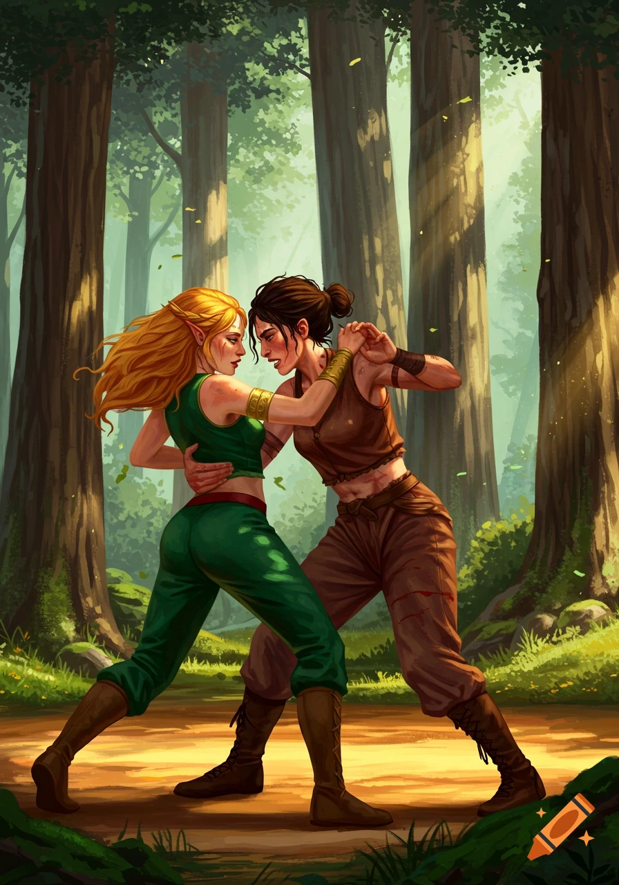 Two women, one blonde with pointed ears in green, the other dark-haired in brown, wrestle intensely in a sunlit forest, in an illustrated fantasy style.