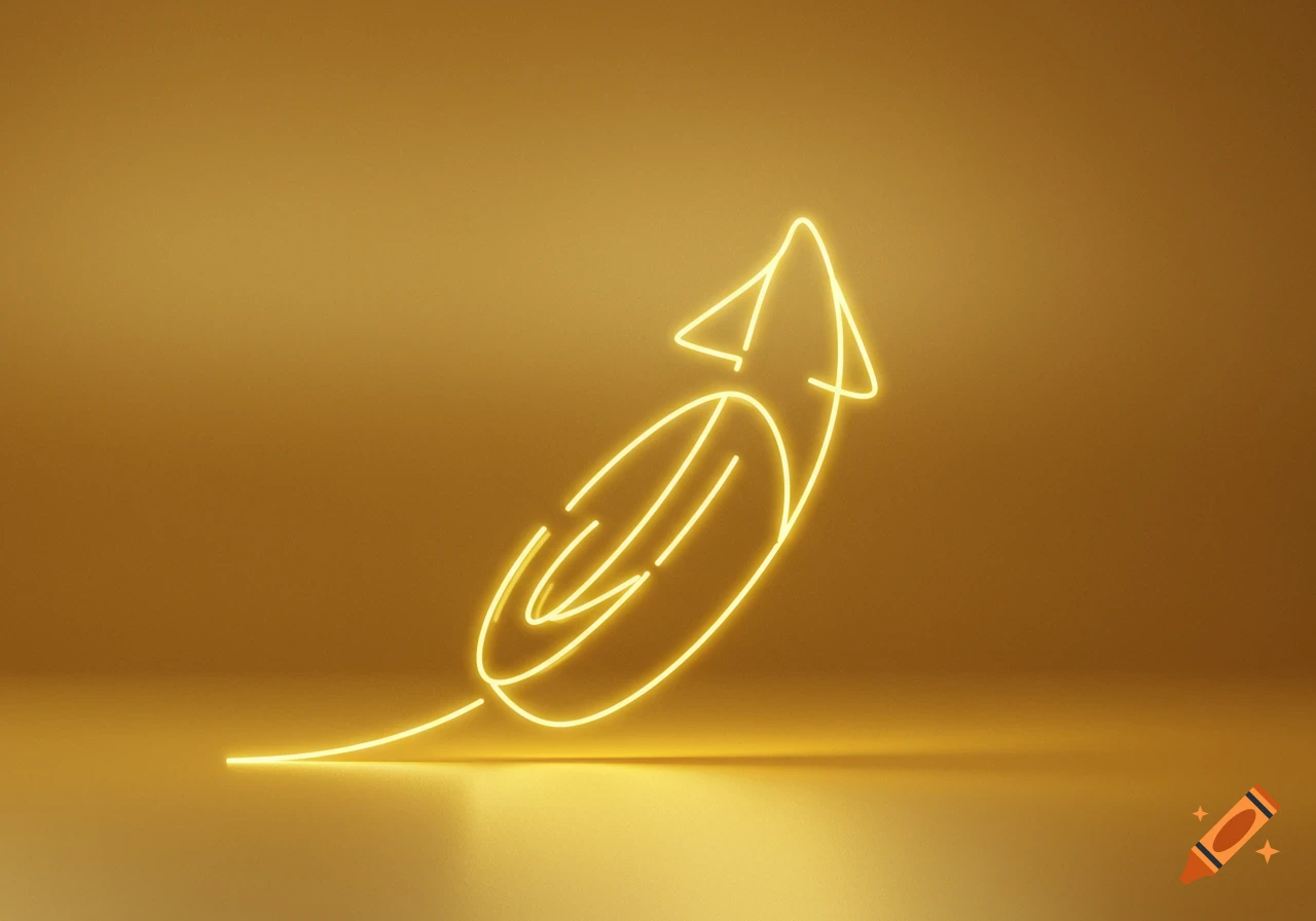 Minimalist glowing gold line art forms an upward arrow on a golden background.