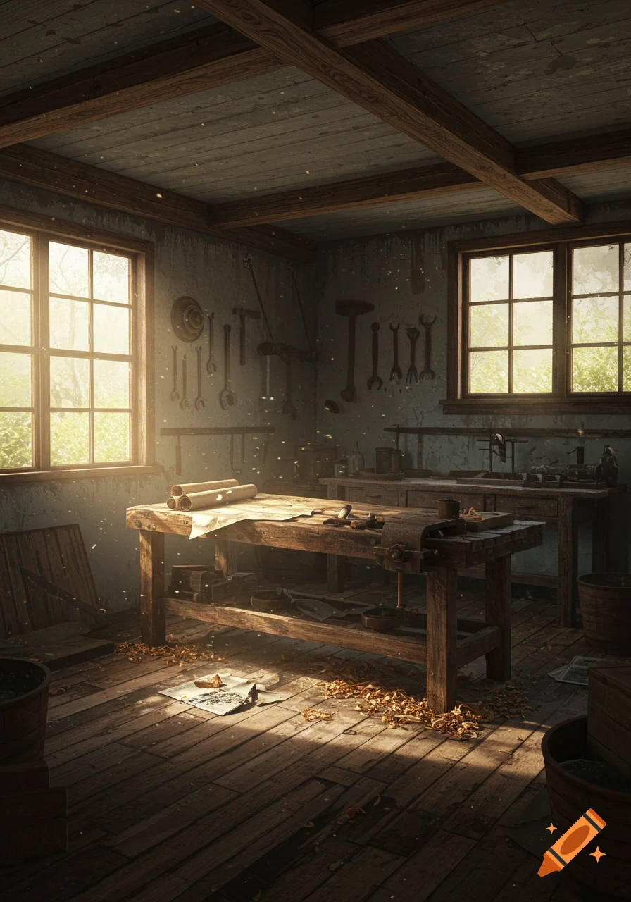 Photorealistic image of a rustic, abandoned workshop with wooden workbenches, tools on the wall, and sunlight filtering through dusty windows onto wood shavings.