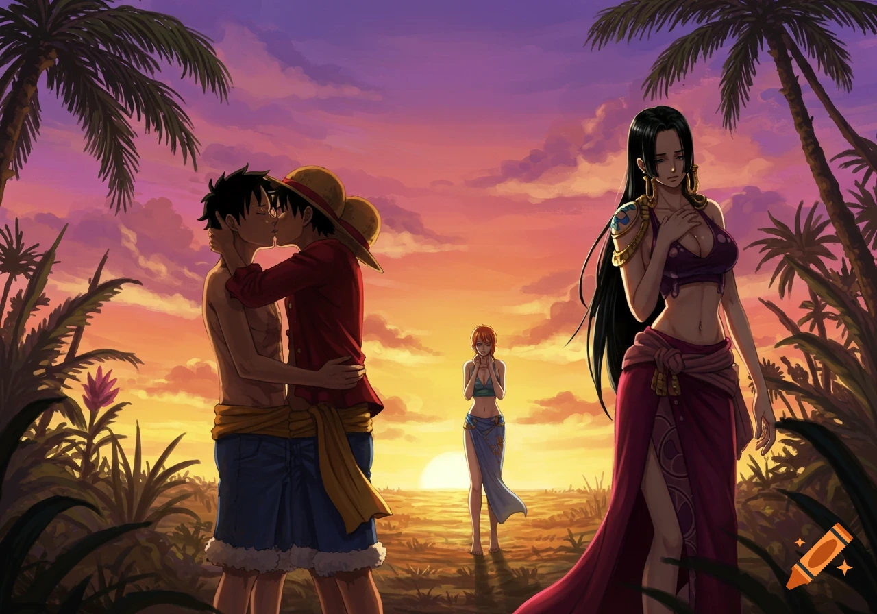 Luffy kisses a male character at sunset while Nami and Hancock look on in an anime style.