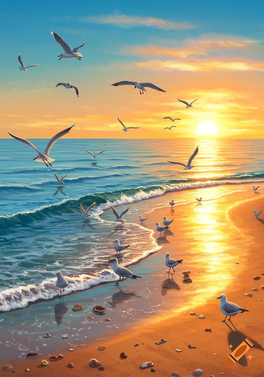 Many seagulls on a sandy beach at sunset with a bright orange sky reflecting on the ocean waves and wet sand, art style.