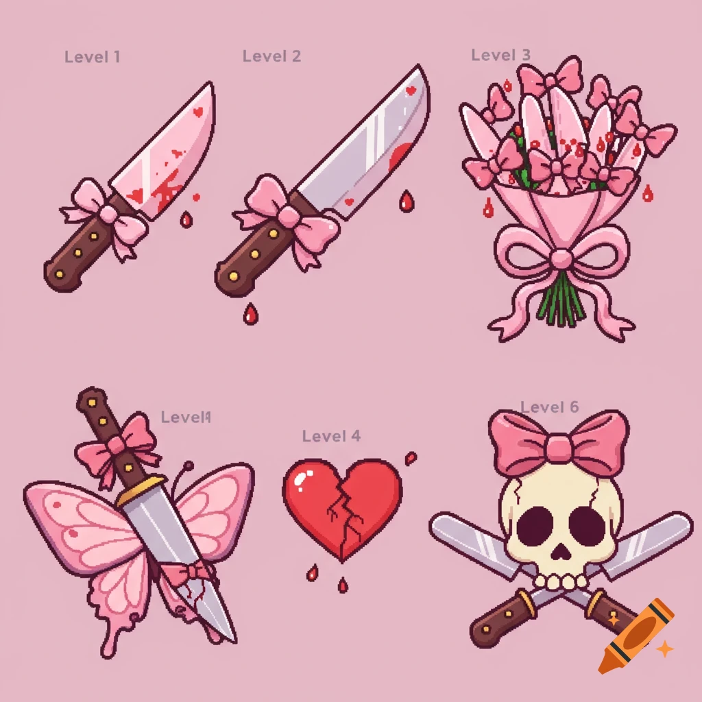 Six pixel art badges featuring pink knives with bows, blood, a bouquet of knives, a knife stabbing a broken heart, a butterfly with a knife body, and a skull with a bow and crossed knives.