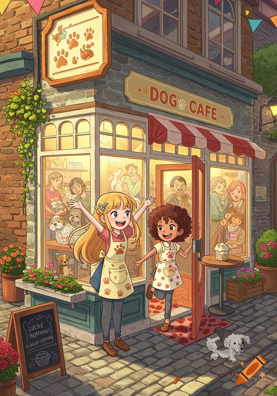 Anime illustration of two smiling girls in aprons welcoming guests to their charming Dog Cafe, with people and dogs visible inside.