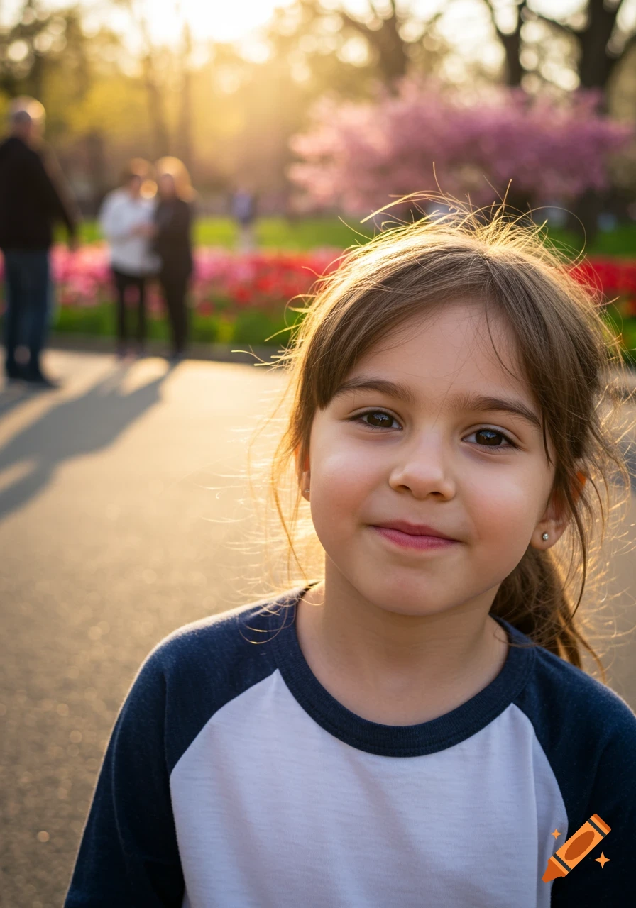 A cute young girl in a baseball tee smiles at the camera, with a sunny park, blurred flowers, and people in the background, photorealistic style.