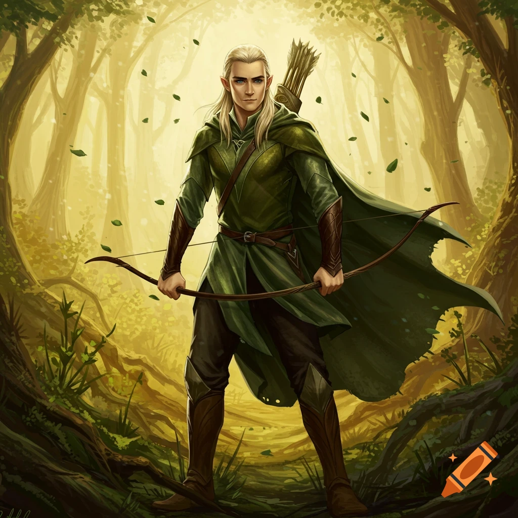 A blonde male elf with a bow and quiver stands in a sunlit green forest.