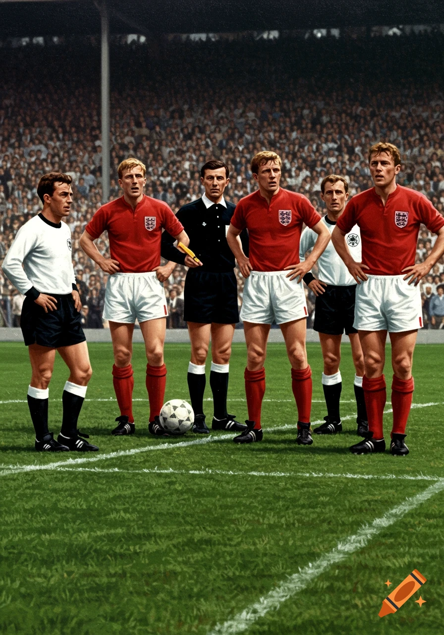Illustration of soccer players and a referee on a green field in a stadium during a match, with a crowd in the background.