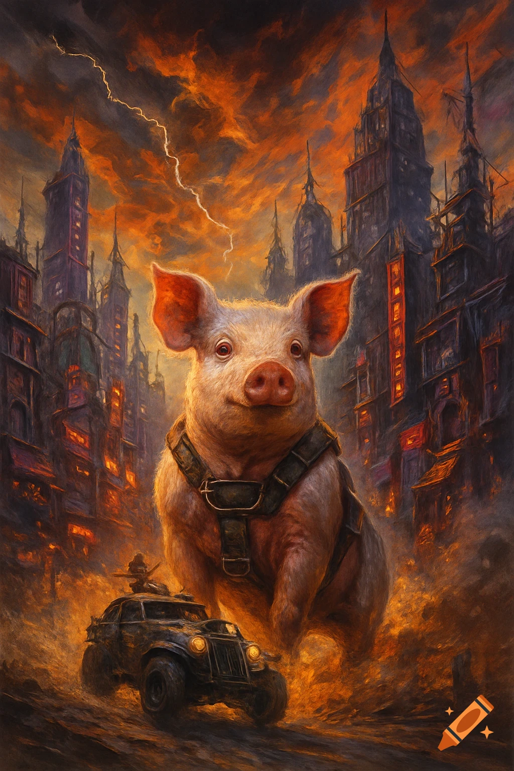 A cute pig in a harness stands over a rugged car in a dystopian city under a fiery, lightning-filled sky.
