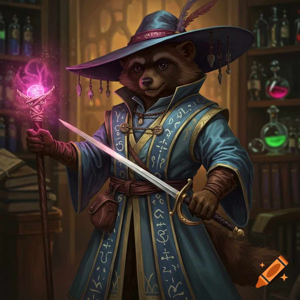 A detailed concept art of an anthropomorphic raccoon wizard in a blue and gold robe and hat, holding a glowing staff and a sword in a potion room.