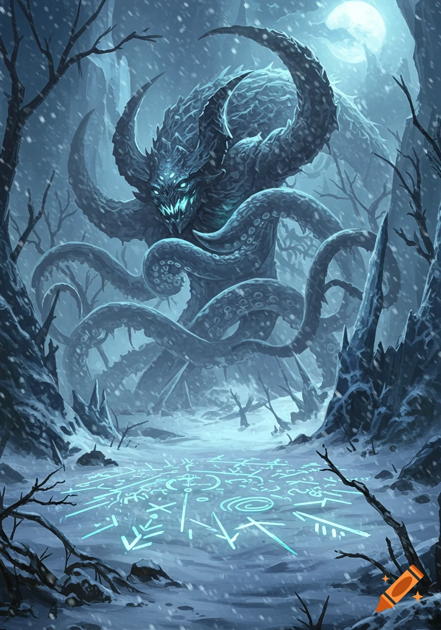A monstrous, horned, tentacled creature with glowing eyes stands in a snowy, moonlit forest, with glowing runes on the ground.