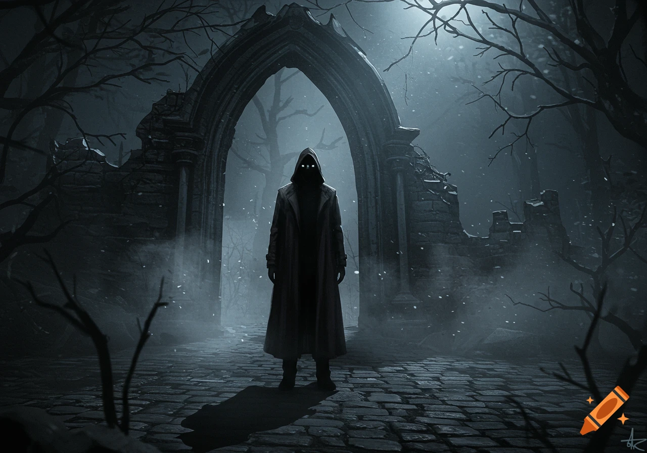 A mysterious hooded figure with glowing eyes stands under a gothic archway in a dark, misty, leafless forest at night, eerie style.