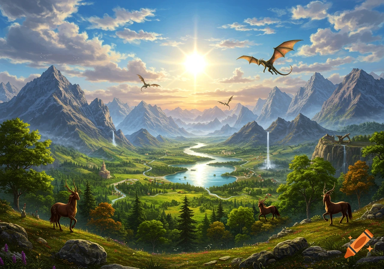 A photorealistic fantasy landscape with majestic mountains, a winding river, lakes, and forests. Deer graze while dragons fly under a bright sun.
