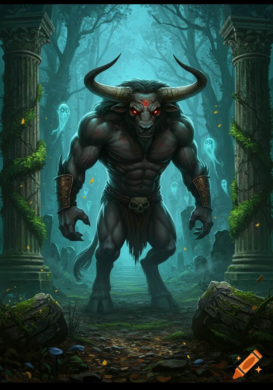 A muscular dark minotaur with glowing red eyes and large horns stands in a misty, dark forest with ancient mossy ruins and blue ethereal ghosts, digital painting.