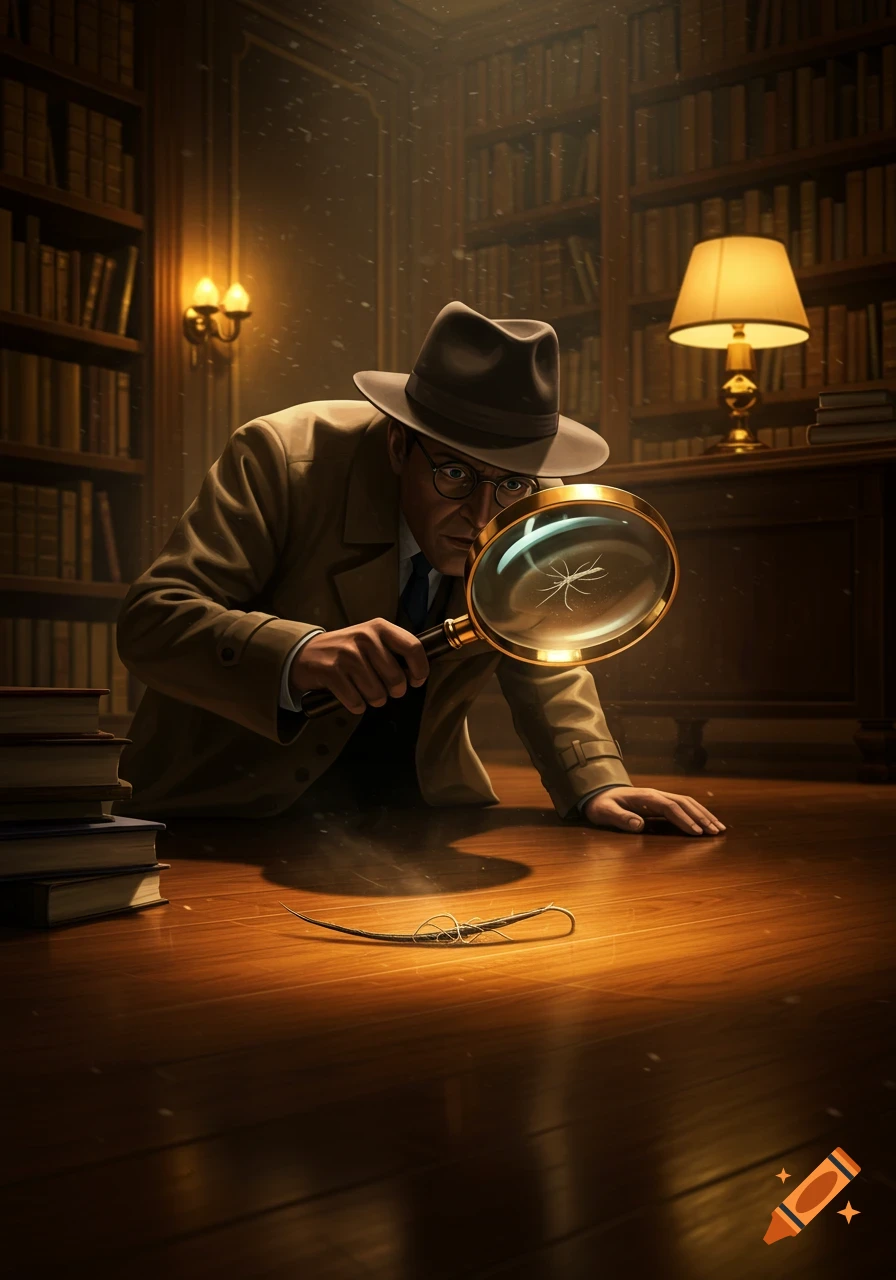 A detective in a trench coat and fedora leans over, examining a hair on a wooden floor with a magnifying glass in a dimly lit library.