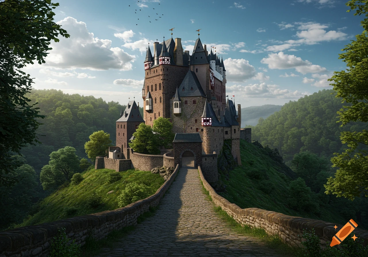 A photorealistic image of a grand medieval Germanic castle situated on a lush green hill, with a stone path leading to its entrance under a cloudy blue sky.