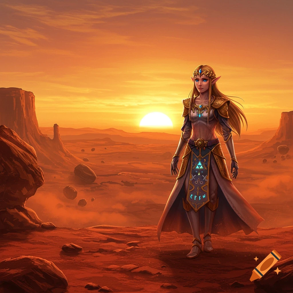 A female fantasy character resembling Princess Zelda stands in an arid, red Martian desert landscape at sunset, with large rock formations.