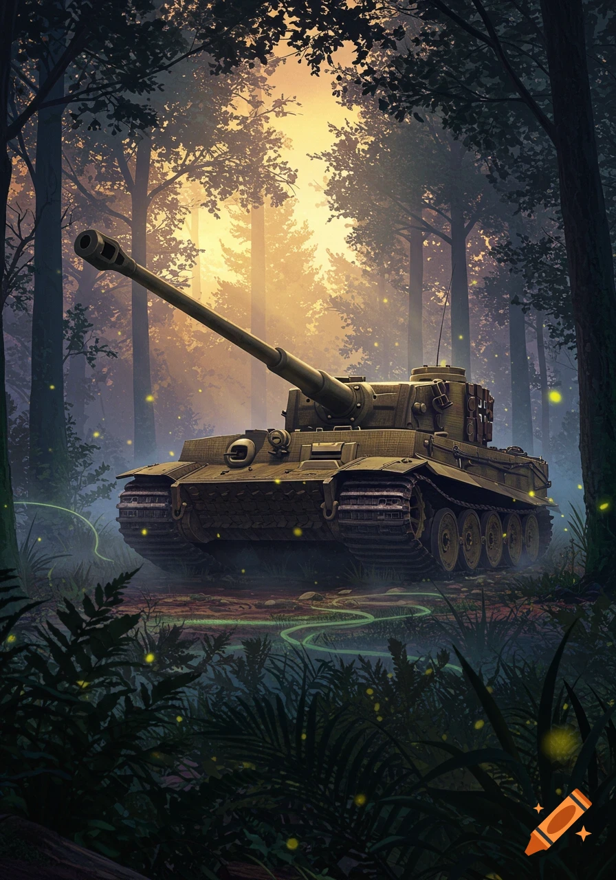 A detailed Tiger II tank in a misty, sunlit forest with glowing fireflies, rendered in a digital painting style.