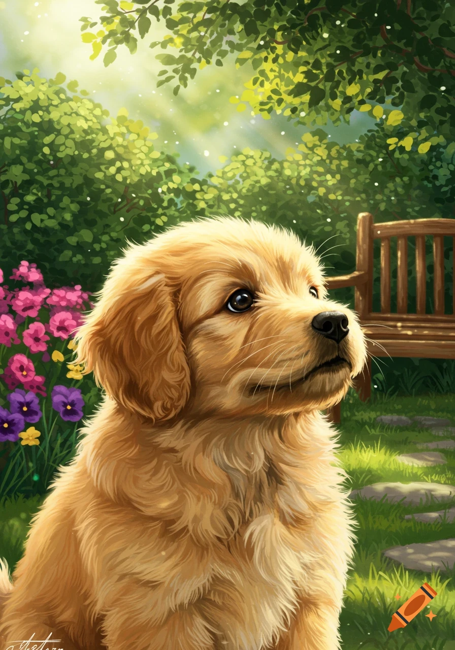 Fluffy golden retriever puppy in a bright, lush garden with colorful flowers and dappled sunlight. Digital illustration.