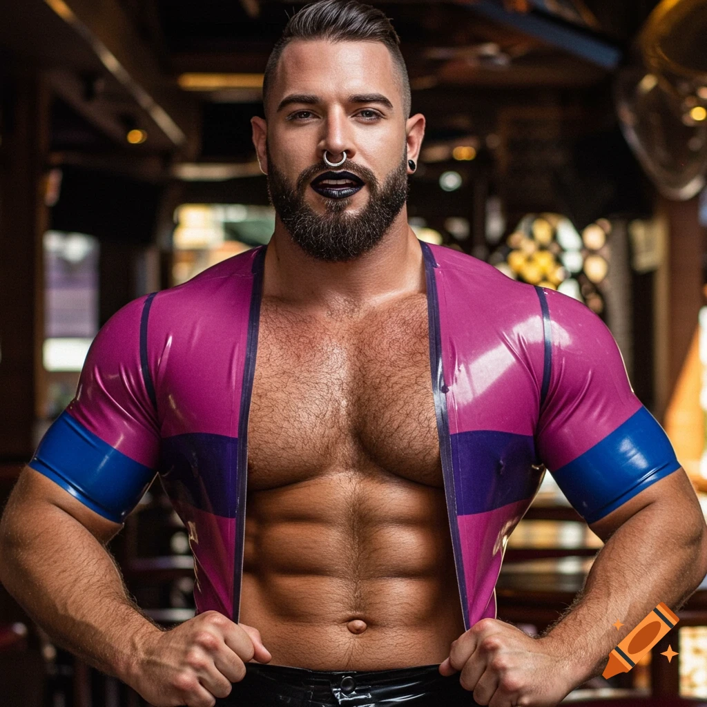 Muscular man with beard, septum piercing, and black lipstick, wearing an open pink, purple, and blue latex shirt, showing his chest and abs in a warm-lit bar. Photorealistic style.