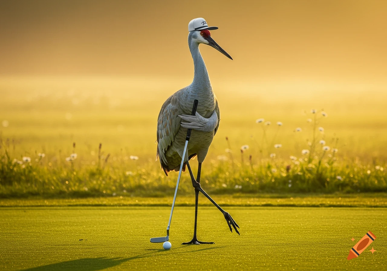 A photorealistic sandhill crane wearing a baseball cap holds a golf putter on a green golf course with a golden misty background.