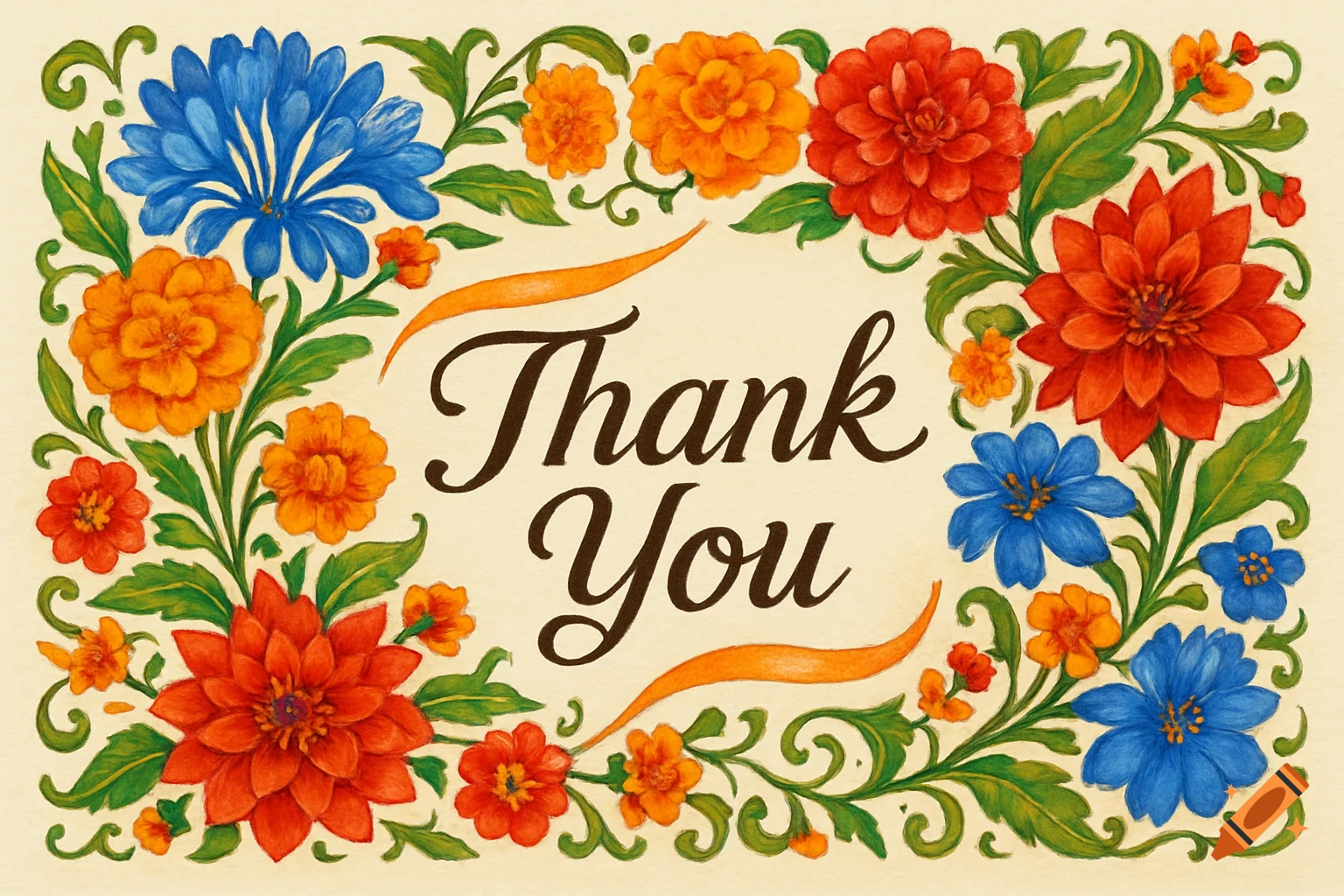 Decorative thank you card with a colorful floral border featuring red, orange, and blue flowers with green leaves on a cream background, in a painted style. The words "Thank You" are written in a elegant script in the center.