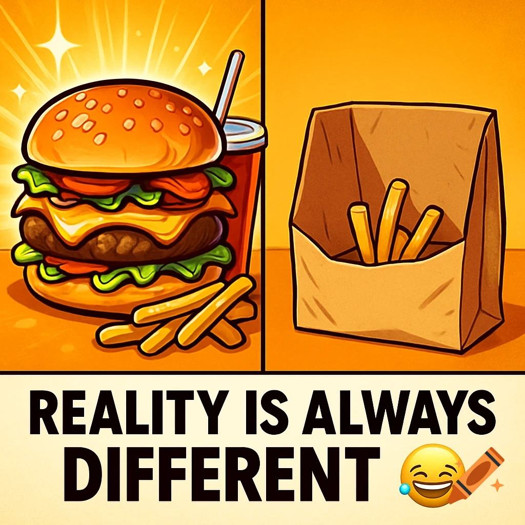 Meme cartoon showing a delicious cheeseburger next to a sad bag of fries, with text 'Reality is always different 😂'.