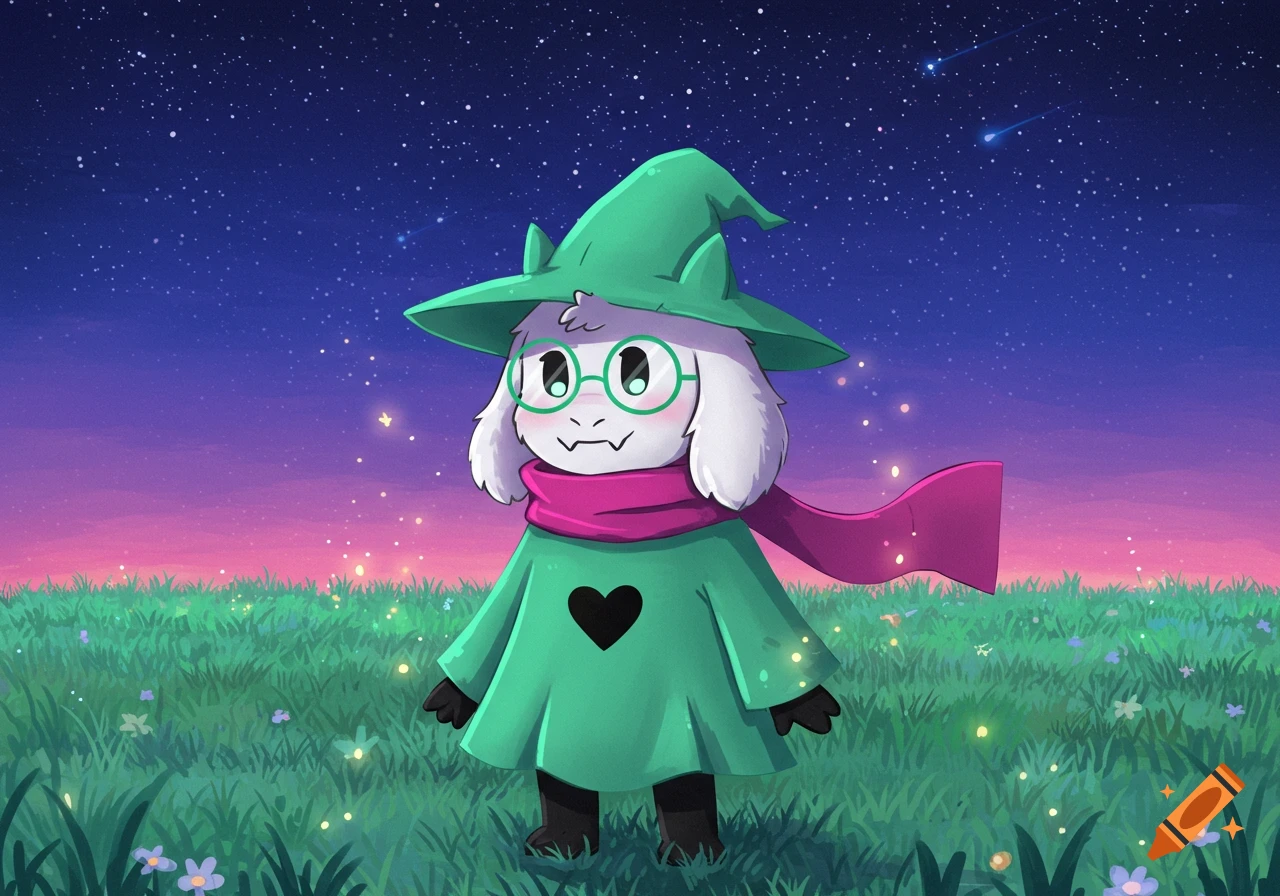 Ralsei, a cartoon goat-like character wearing a green hat, robe with a black heart, pink scarf, and glasses, in a starry field.