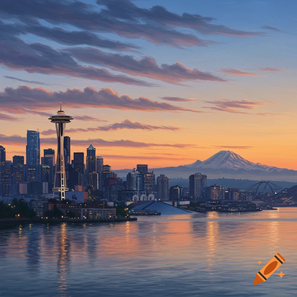 Stylized painting of the Seattle skyline with the Space Needle and city lights reflecting on the water at sunset, with a mountain in the distance.