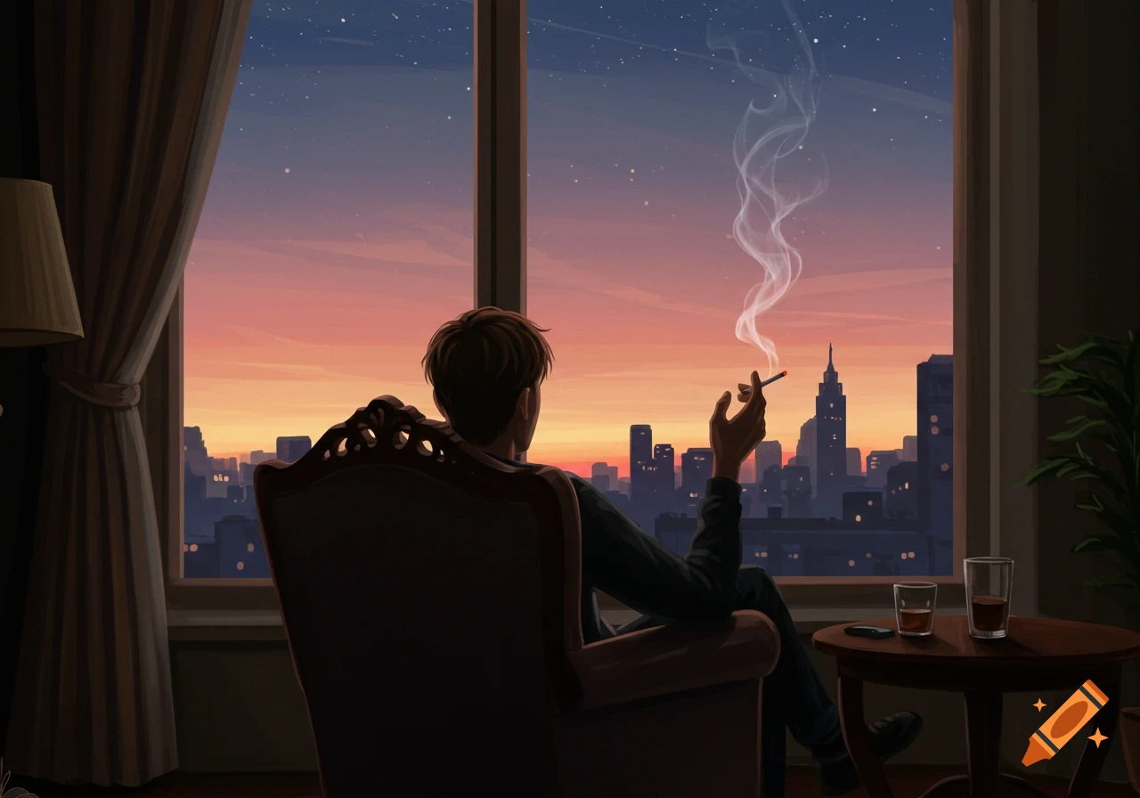 A person sits in an armchair, smoking by a large window, looking at a city skyline at sunset. Digital art style.