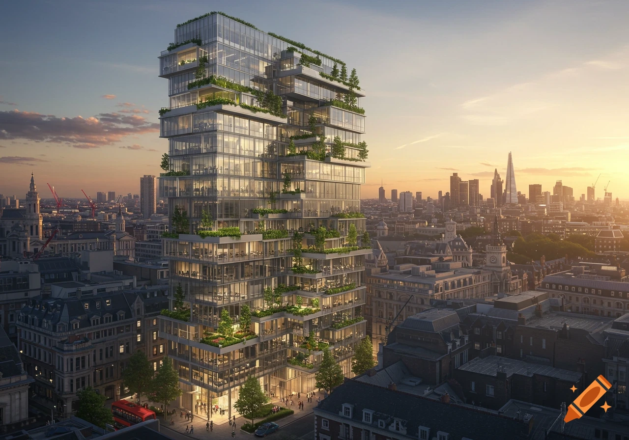 Photorealistic view of a modern terraced office building with lush green plants on balconies, set against a vibrant city skyline at sunset.