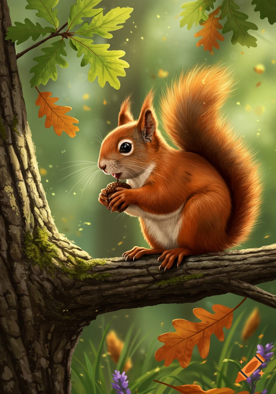 A cute, fluffy red squirrel sits on a mossy tree branch, holding a nut. Green and autumn leaves are in the background with glowing light, in an illustrative style.