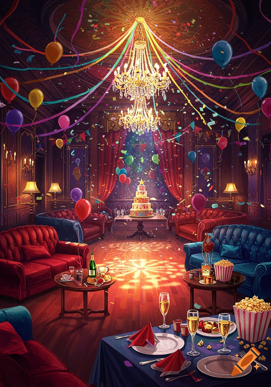 A lavish party room filled with colorful balloons, confetti, chandeliers, a large cake, red and blue sofas, and tables laden with food and drinks.